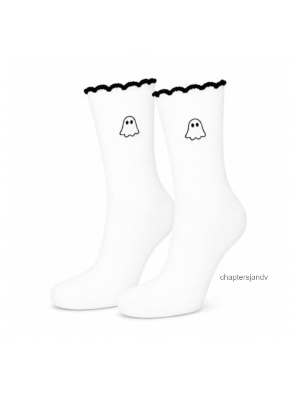 Embroidered Ghost Crew Socks Wavy Cuff Cotton Hosiery
